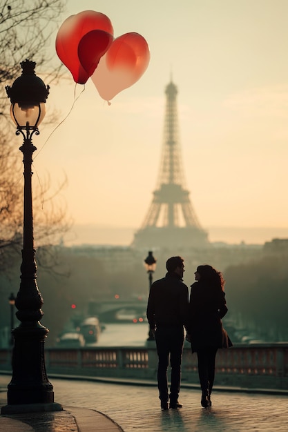 Una pareja romántica disfrutando de la vista parisina con globos en forma de corazón