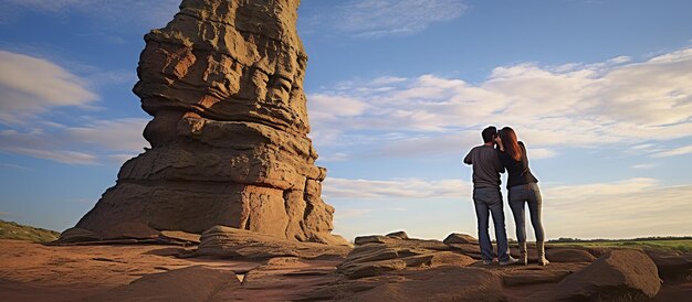 Foto una pareja romántica fotografiando un pilar de roca gigante en una reserva natural.