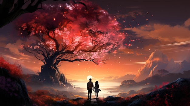 Una pareja romántica un hombre y una mujer de pie en una colina bajo un árbol al atardecer