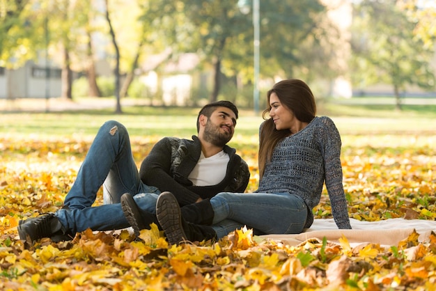 Pareja romántica en una manta en el parque de otoño