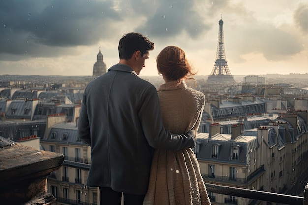 Pareja romántica en París mirando la Torre Eiffel Una vez en París pareja vista trasera en el techo contra la Torre Eiffel Generada por IA