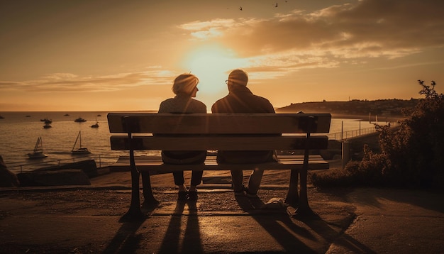 Pareja romántica sentada en un banco al atardecer generada por IA