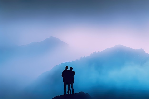 Una pareja romántica de silueta tomados de la mano con una montaña azul en el fondo