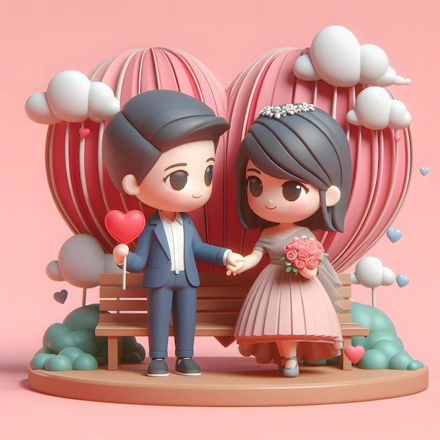 Una pareja romántica sosteniendo un amor día de San Valentín de dibujos animados en 3D