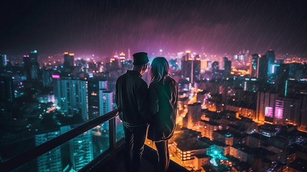 Pareja romántica en el techo de un rascacielos mirando la vista nocturna de una gran ciudad IA generativa