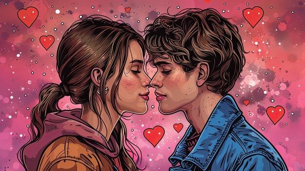 Una pareja romántica unida bajo la ilustración de los corazones caídos