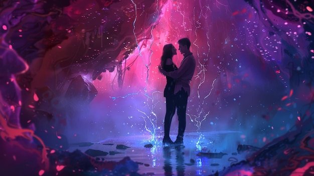 Una pareja romántica en un vibrante y colorido mundo de fantasía rodeada de luces surrealistas y una atmósfera de ensueño.