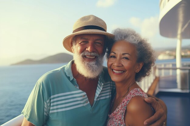 Pareja senior interracial de viajeros en crucero Estilo de vida y concepto de viaje