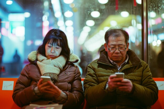 Una pareja sentada en un banco absorta en los teléfonos móviles