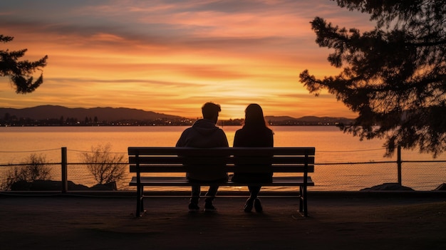 pareja sentada en un banco al atardecer