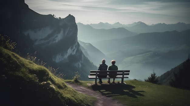 Una pareja sentada en un banco y mirando el hermoso paisaje montañoso