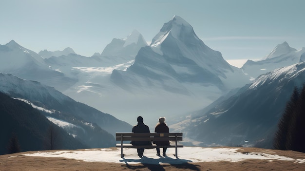 Una pareja sentada en un banco y mirando la montaña nevada