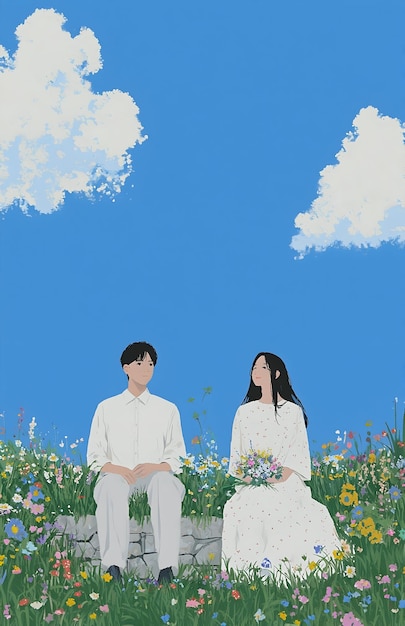 Una pareja sentada en un campo de flores bajo un cielo azul brillante