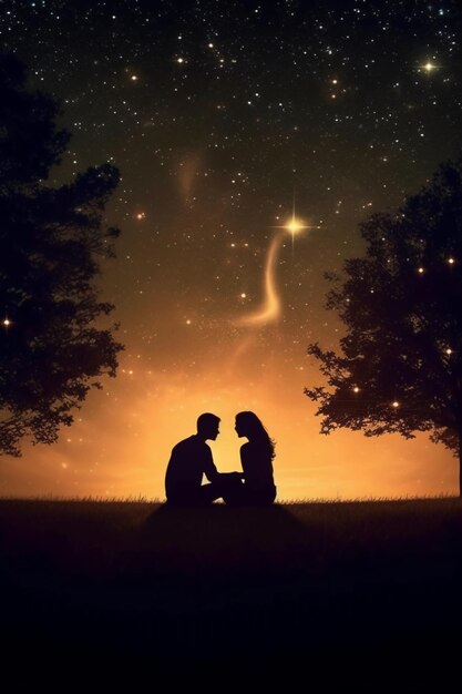 Foto una pareja sentada bajo un cielo estrellado con una estrella en el fondo.