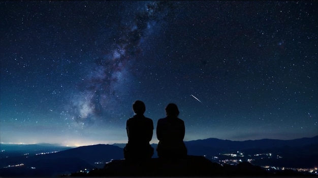 Una pareja sentada en una colina mirando las estrellas.