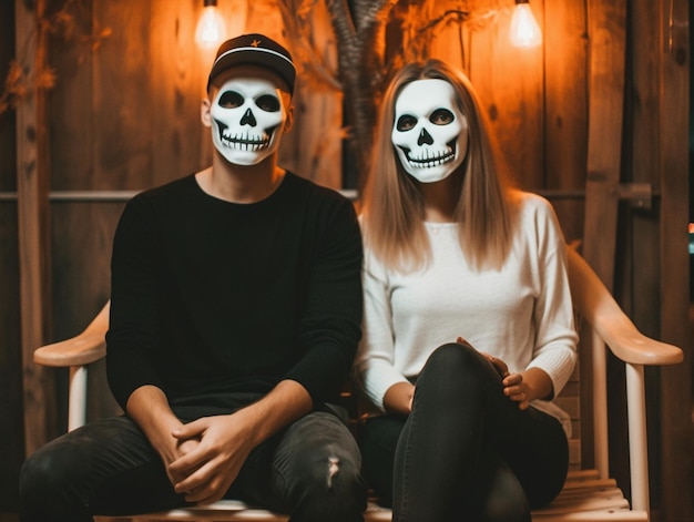 una pareja sentada frente a una pared con una calavera en la cabeza.