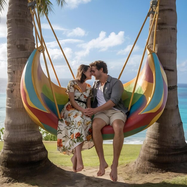 Foto una pareja sentada en un gran columpio en un bali