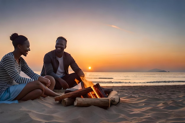 una pareja sentada junto a un fuego con una puesta de sol detrás de ellos.