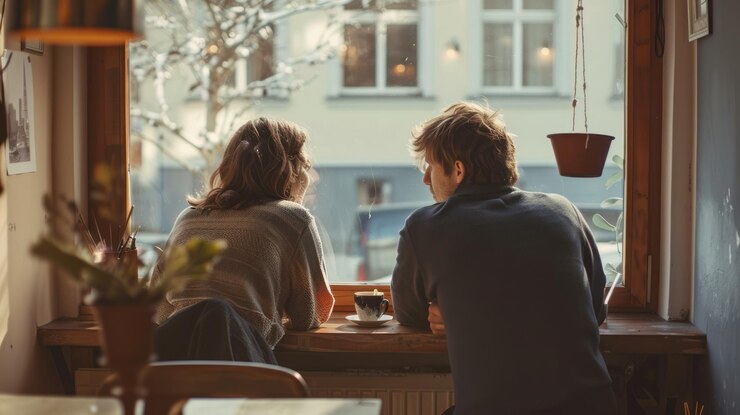 Una pareja sentada junto a la ventana con un café viendo pasar el mundo.