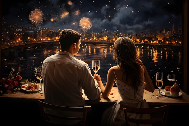 Una pareja sentada juntos viendo fuegos artificiales llenan el oscuro cielo nocturno antes de entrar en el nuevo año.