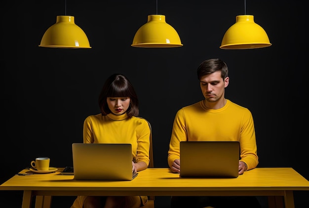 pareja sentada en la mesa con una laptop entre sí al estilo de la sensibilidad emocional