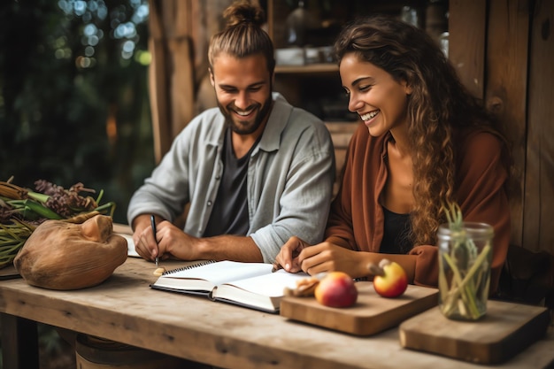 Una pareja sentada en una mesa con un libro y un tarro de frutas al fondo.