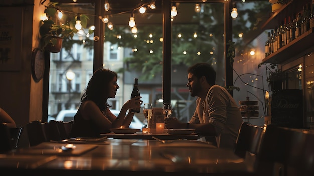 Foto una pareja está sentada en una mesa en un restaurante están bebiendo vino y hablando la mujer está sosteniendo la botella de vino