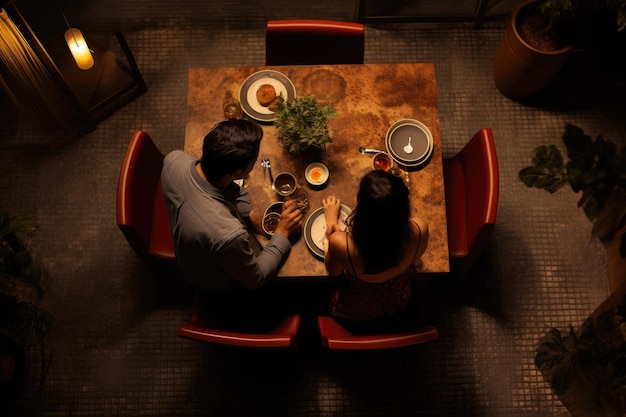 Pareja sentada en una mesa en un restaurante Vista desde arriba Una pareja teniendo una cita para cenar en un restaurante vista desde arriba Generada por IA