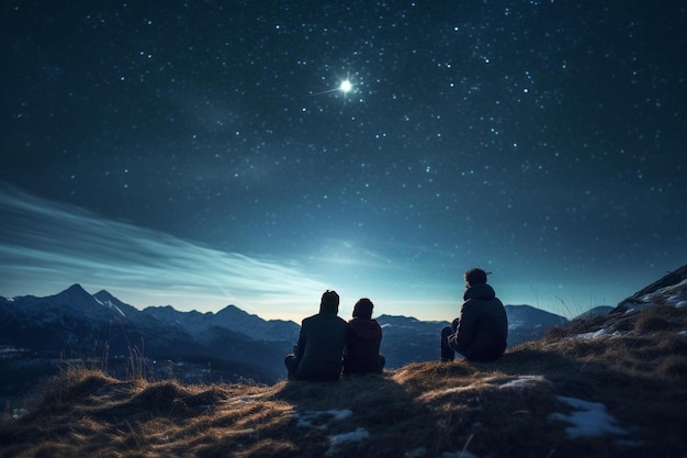 pareja sentada en una montaña bajo un cielo estrellado