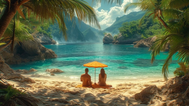 pareja sentada en una playa tropical y viendo el mar y el cielo azul