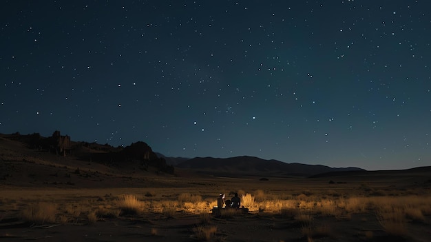 Foto una pareja está sentada en una roca en medio de un vasto desierto están mirando hacia arriba a las estrellas que parecen lo suficientemente cerca como para tocar