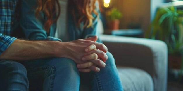 Foto una pareja sentada en el sofá y discutiendo peleando