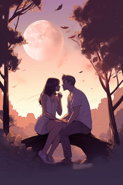 Una pareja sentada en el tronco de un árbol con la luna detrás de ellos.
