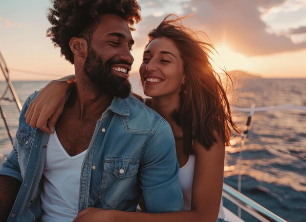 una pareja sentada en el yate y disfrutando de un tiempo romántico contra en el océano ondulante hermoso fondo marino