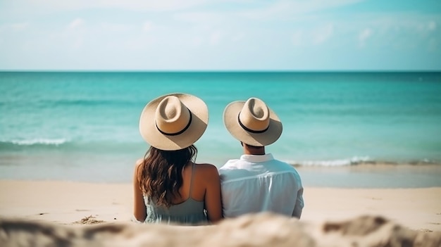 pareja, sentado, en, un, playa, llevando, sombreros