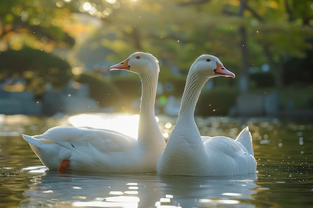 Una pareja serena de gansos blancos flotando suavemente en un lago tranquilo en la hora dorada con la luz del sol