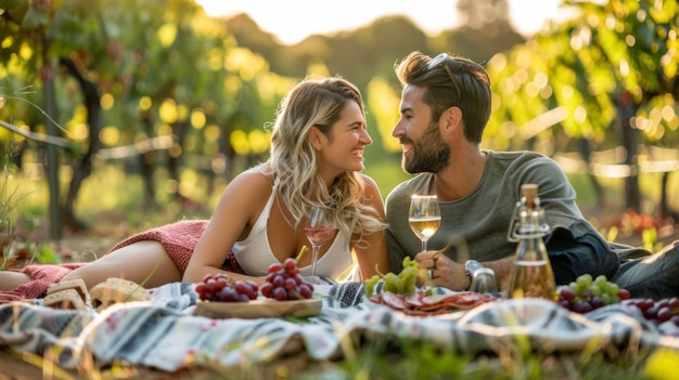 Una pareja se sienta en una acogedora manta anidada entre filas de viñas bebiendo vasos de rosas y