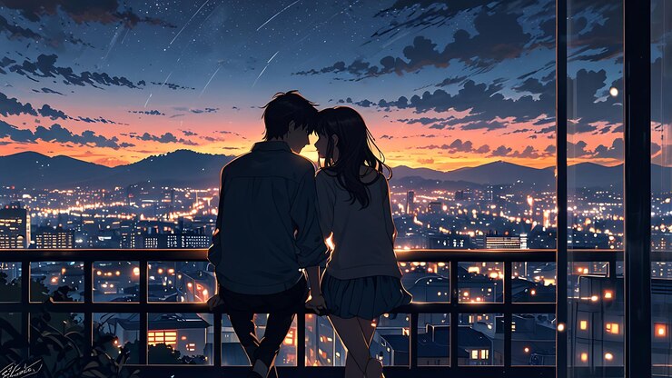 una pareja se sienta en un balcón con vistas a una ciudad al atardecer