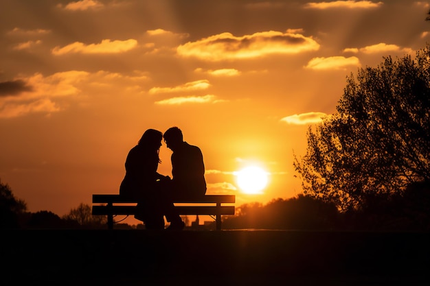 Una pareja se sienta en un banco frente a una puesta de sol.