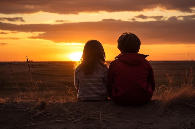 una pareja se sienta en un campo y mira la puesta de sol.