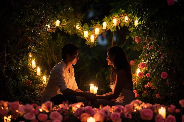 una pareja se sienta en un jardín con velas en el medio de ellos