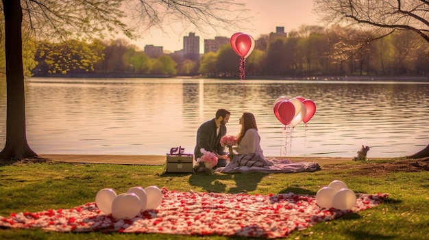 Una pareja se sienta en una manta frente a un lago con globos rojos y el horizonte de la ciudad al fondo