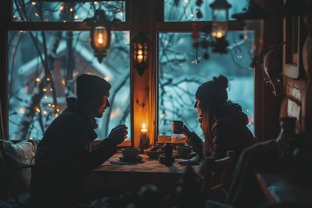 una pareja se sienta en una mesa frente a una ventana con las luces encendidas