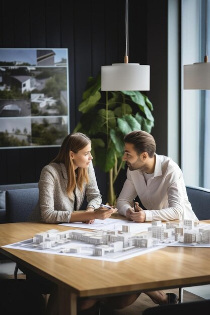 Foto una pareja se sienta en una mesa con un mapa de la ciudad en el fondo