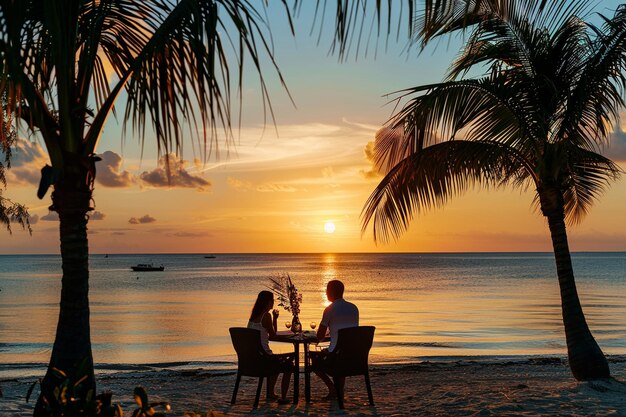 una pareja se sienta en una mesa y mira hacia el océano