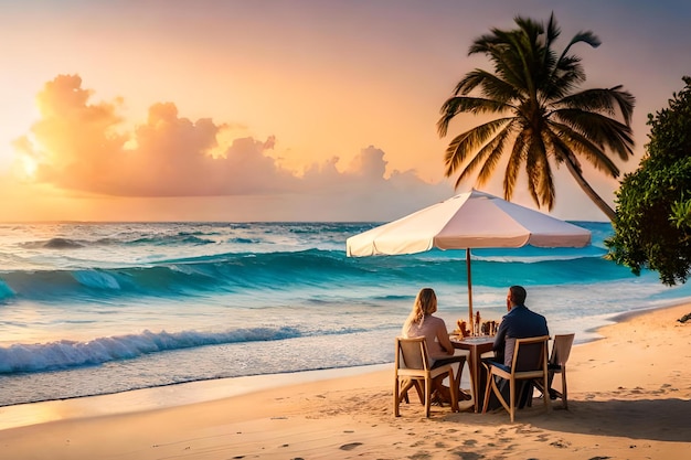 Una pareja se sienta en una mesa en una playa con una sombrilla que dice "puesta de sol"