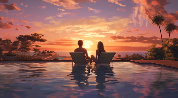 Una pareja se sienta en la piscina al atardecer.