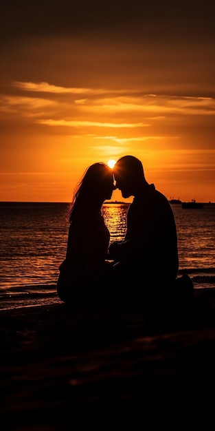 Una pareja se sienta en la playa al atardecer, con el sol detrás de ellos.