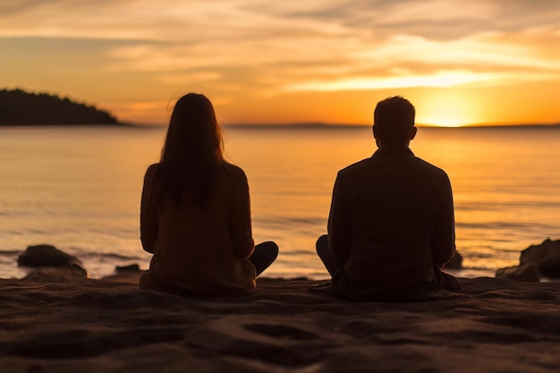 Una pareja se sienta en la playa viendo la puesta de sol.