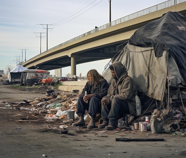 una pareja se sienta bajo un puente con una lona sobre ellos